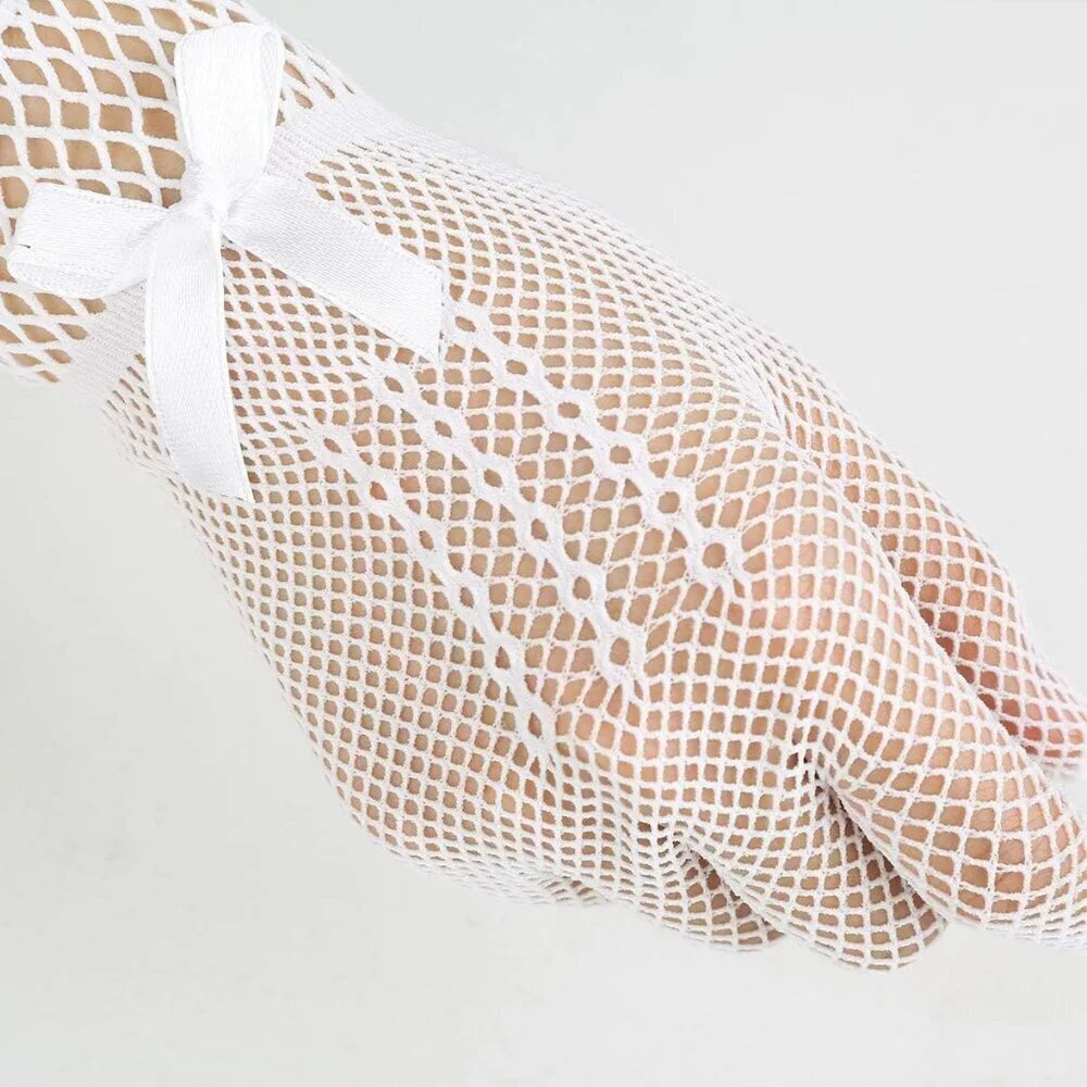 Women's B-White Bow Lace Elegant Wrist Gloves Ruffle Bridal Wedding Party Prom